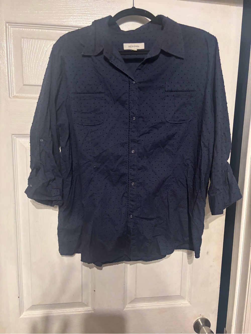 Merona Navy Blue Women's Button-Down Shirt with Subtle Dot Texture